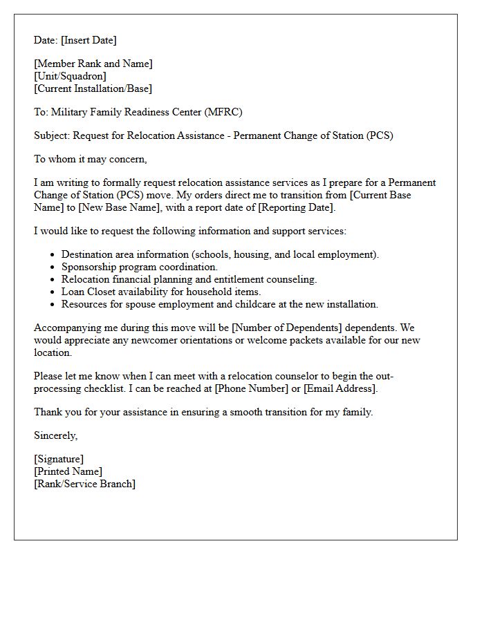 Military Family Readiness Center Relocation Assistance Letter