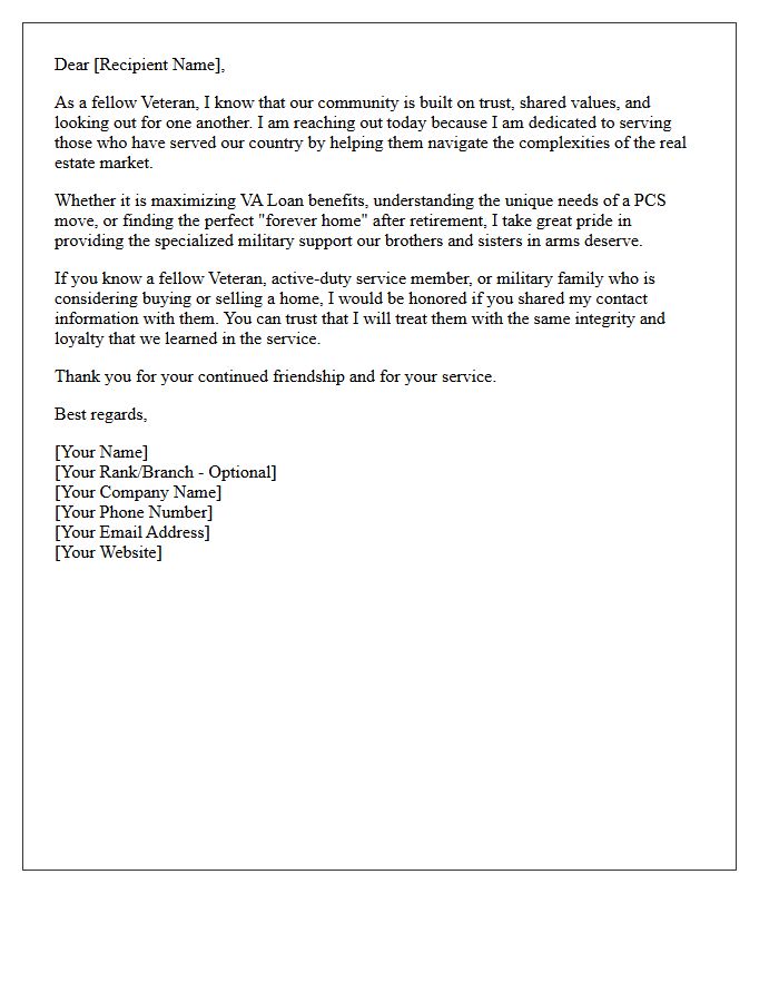 Sphere Of Influence Veteran Real Estate Referral Letter