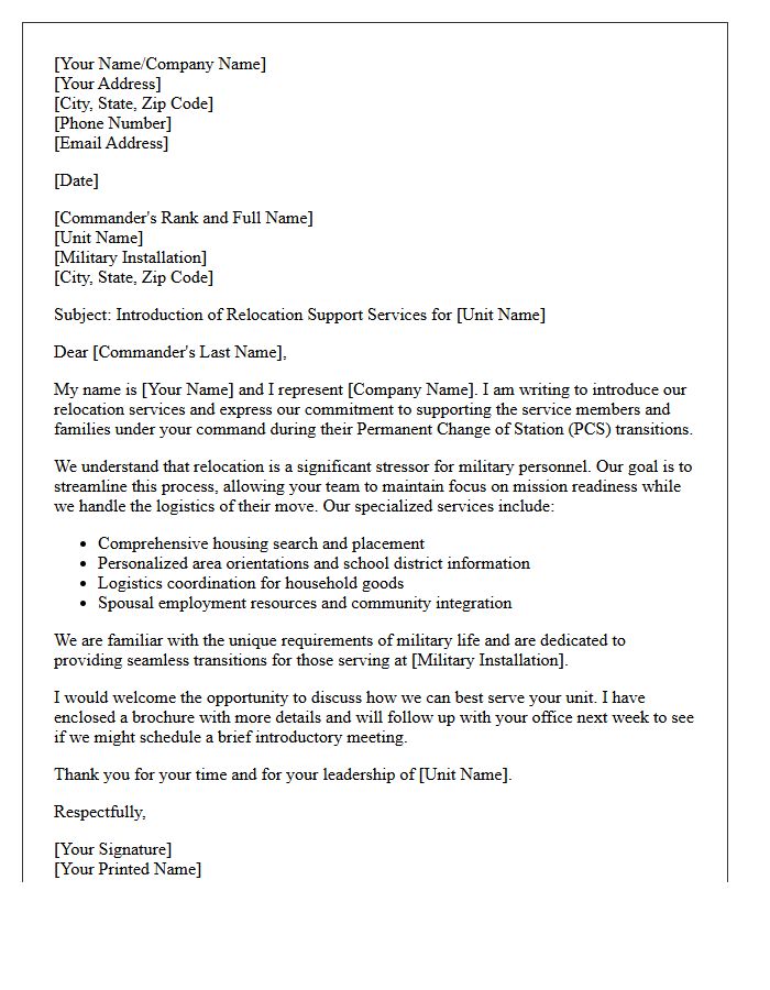 Military Unit Commander Relocation Services Introduction Letter