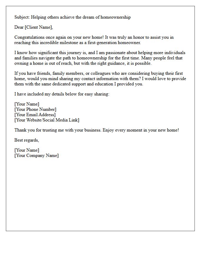 Letter Requesting Referrals from Recent First-Generation Buyers