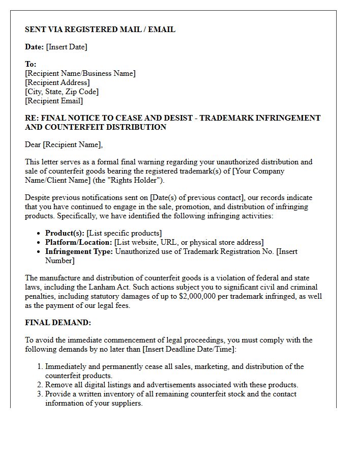 Final Warning Counterfeit Distribution Demand Letter