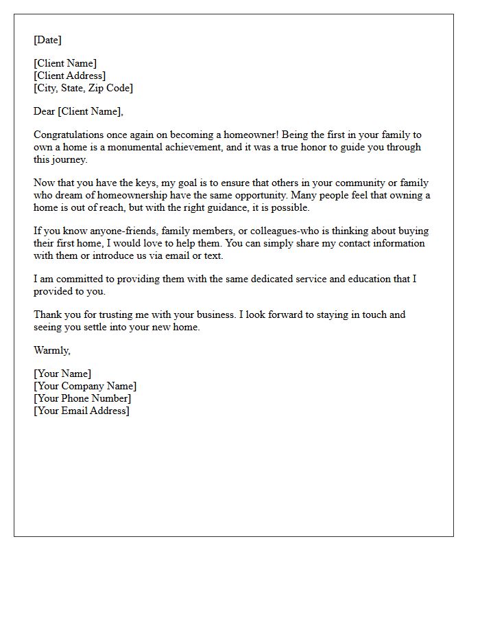 Post-Closing Referral Letter for First-Generation Homeowners