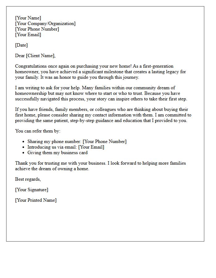 New Homeowner Referral Letter for First-Generation Families