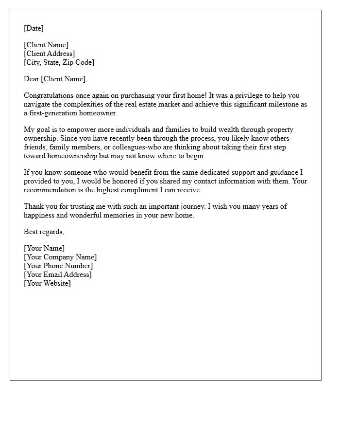 Letter of Referral Request for Recent First-Generation Homebuyers