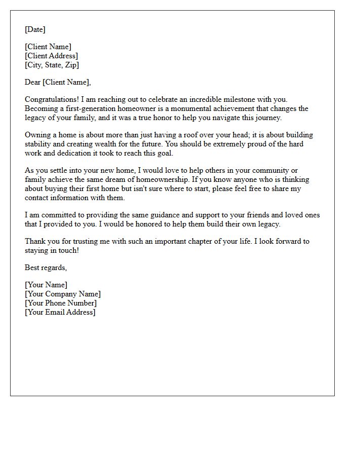 First-Generation Homeowner Milestone and Referral Letter