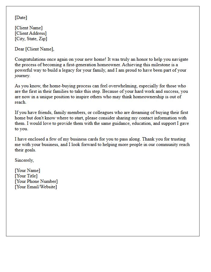 Recent Buyer Referral Letter for First-Generation Homeowners