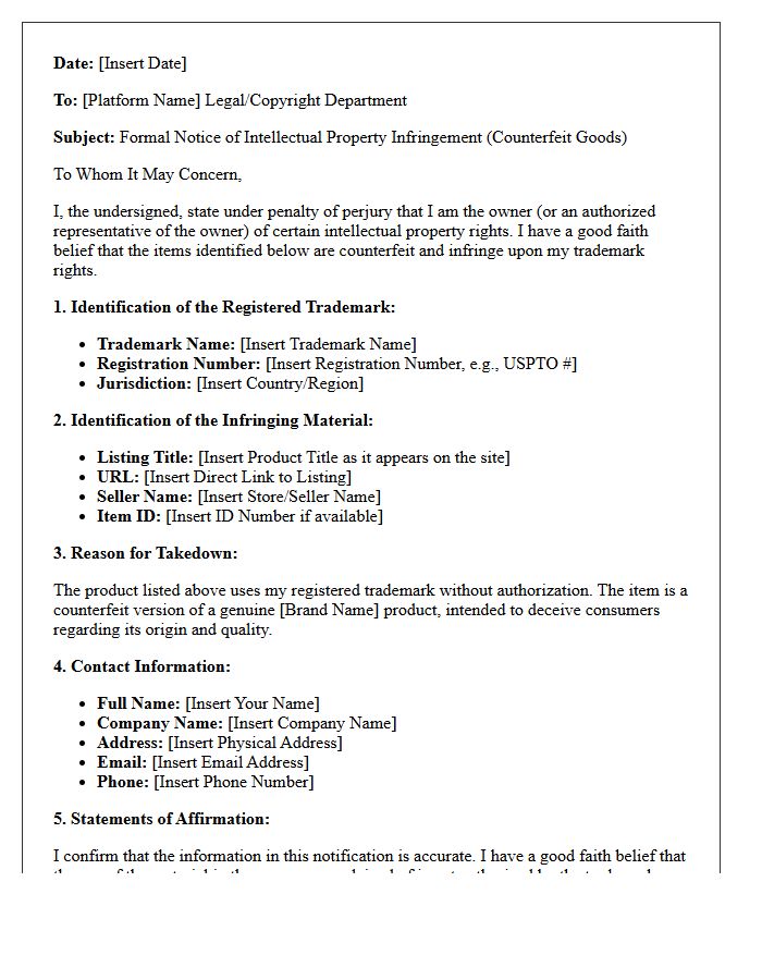 Online Marketplace Counterfeit Takedown Letter