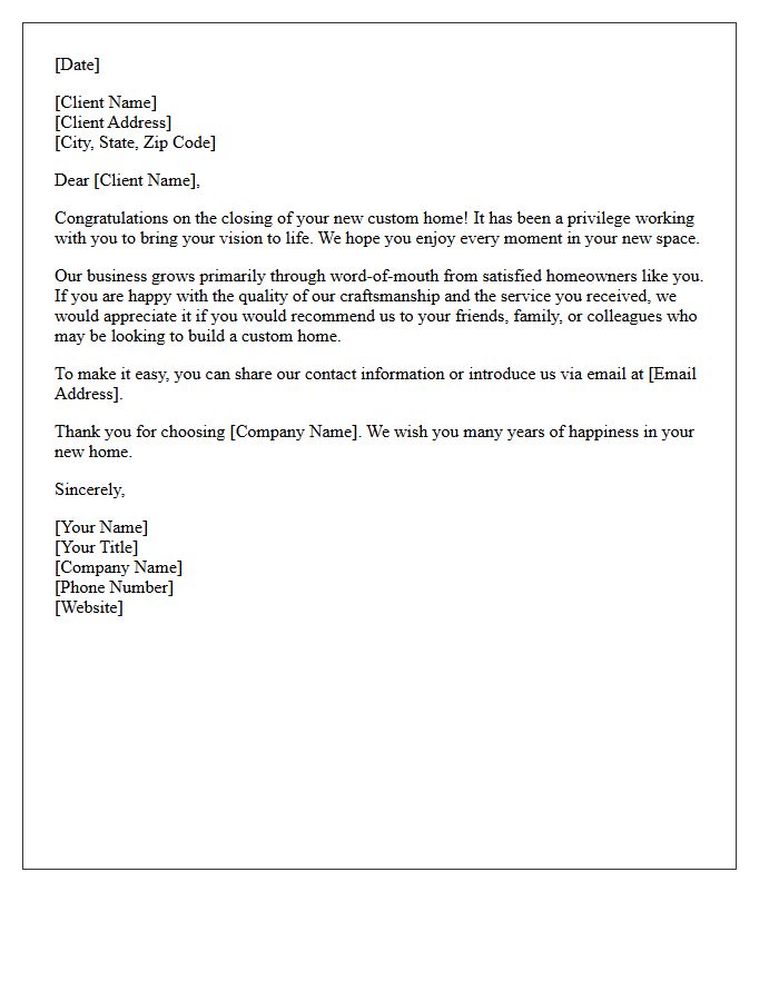 Custom Home Closing Referral Request Letter