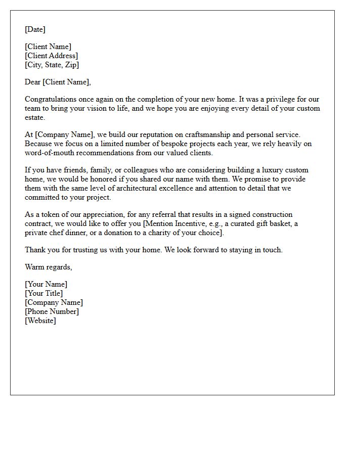 Luxury Custom Home Post-Closing Referral Letter