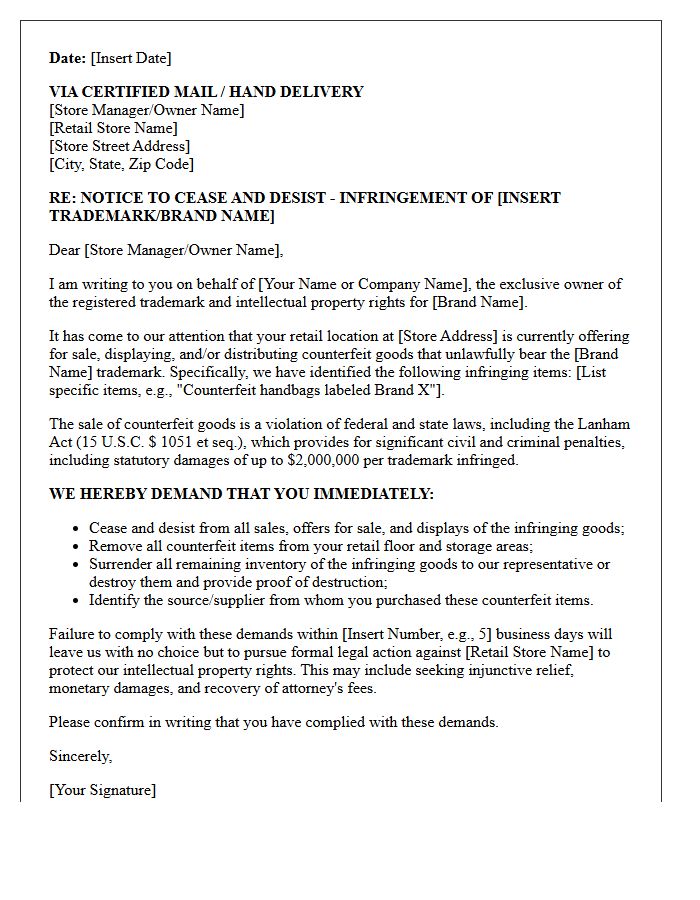 Physical Retailer Counterfeit Goods Cease And Desist Letter