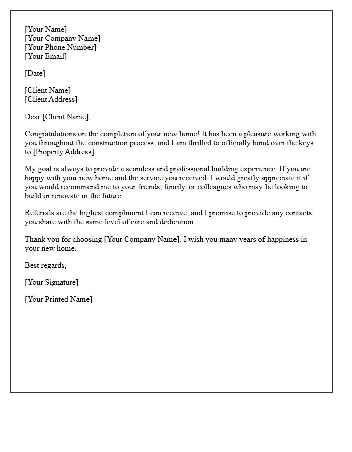 New Construction Key Handoff Referral Letter