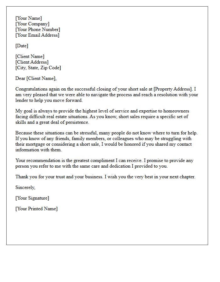 Short Sale Success Referral Request Letter