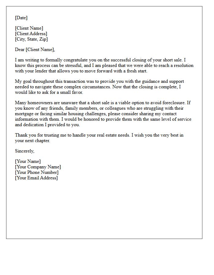 Post Short Sale Success Referral Letter