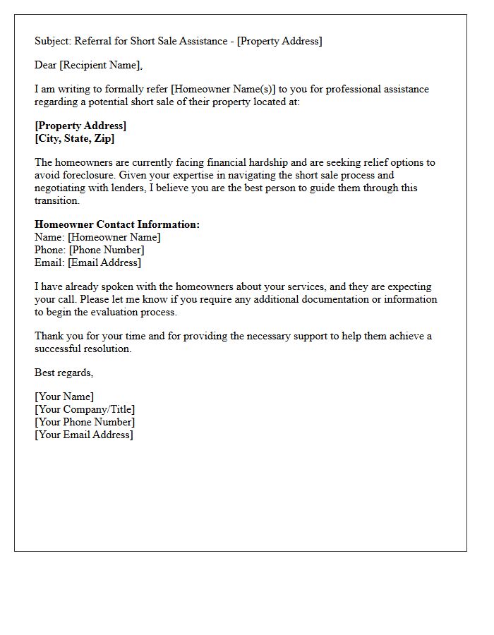 Real Estate Short Sale Relief Referral Letter