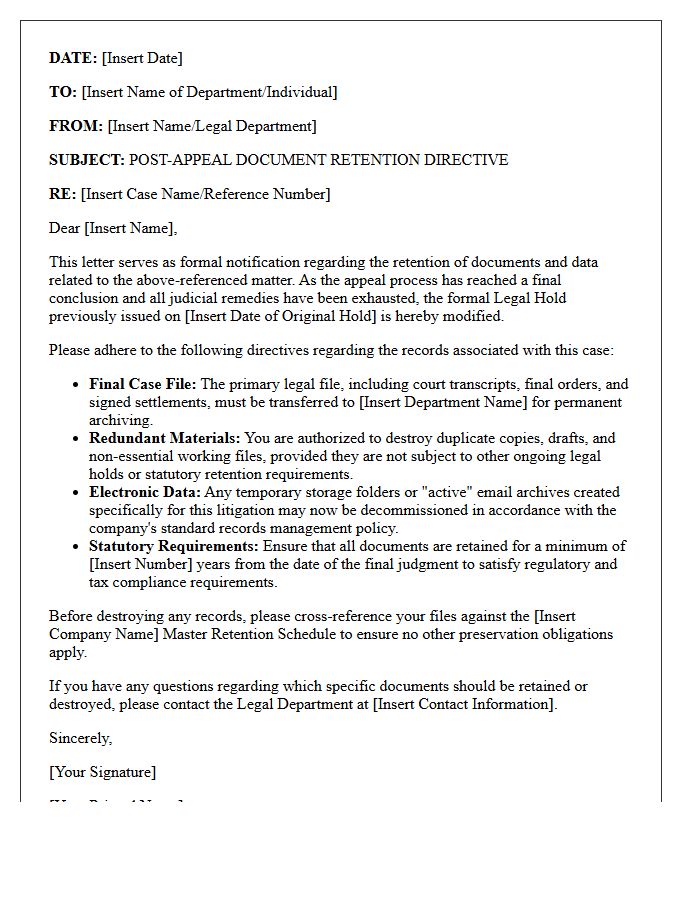 Post-Appeal Document Retention Letter Directive
