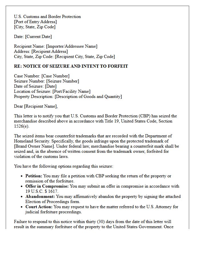 Customs Border Protection Counterfeit Seizure Notice Letter