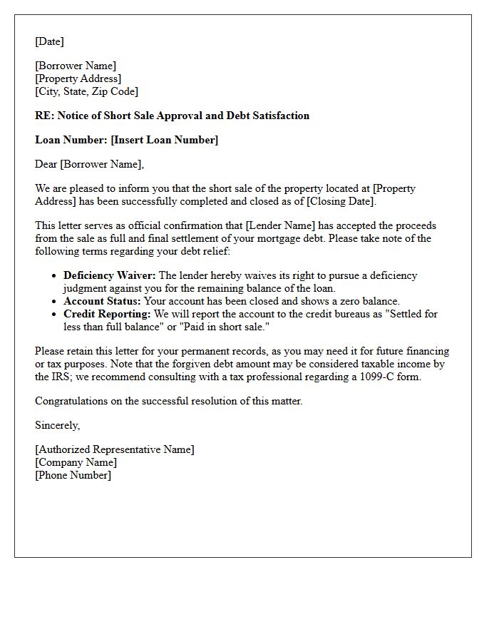 Debt Relief Short Sale Success Letter