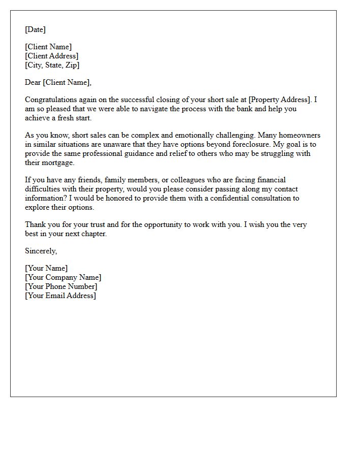Successful Short Sale Client Referral Letter