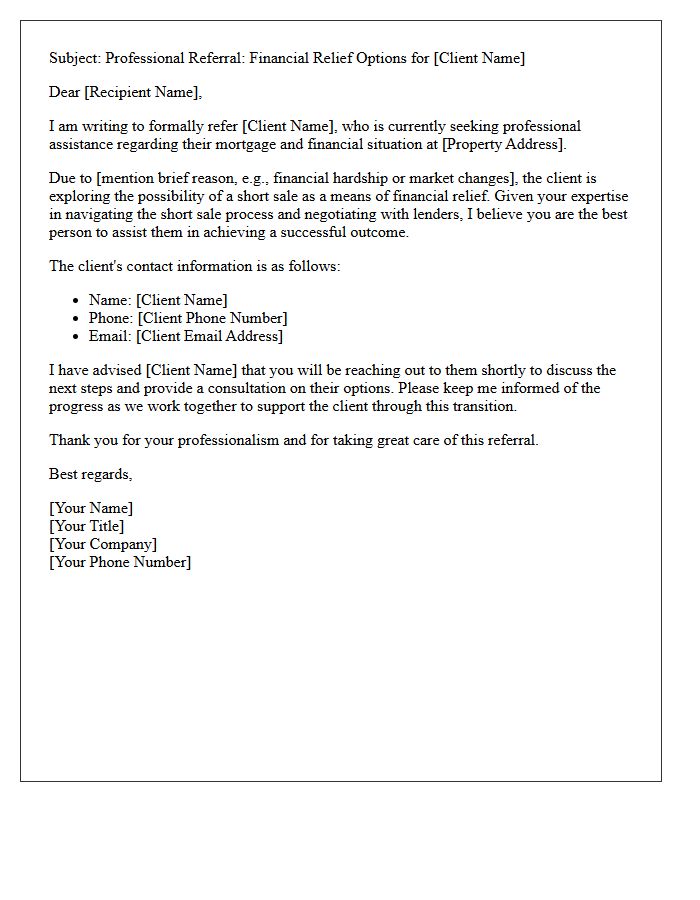Financial Relief Short Sale Referral Letter