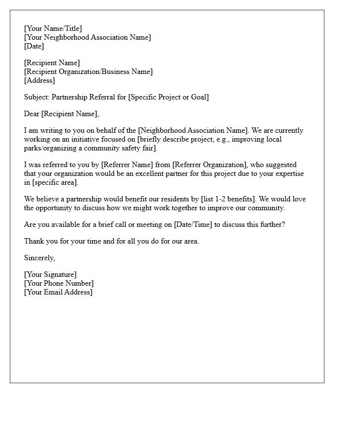 Neighborhood Association Partnership Referral Letter