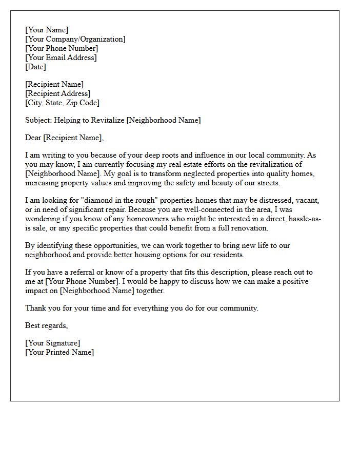 Neighborhood Revitalization Real Estate Referral Request Letter