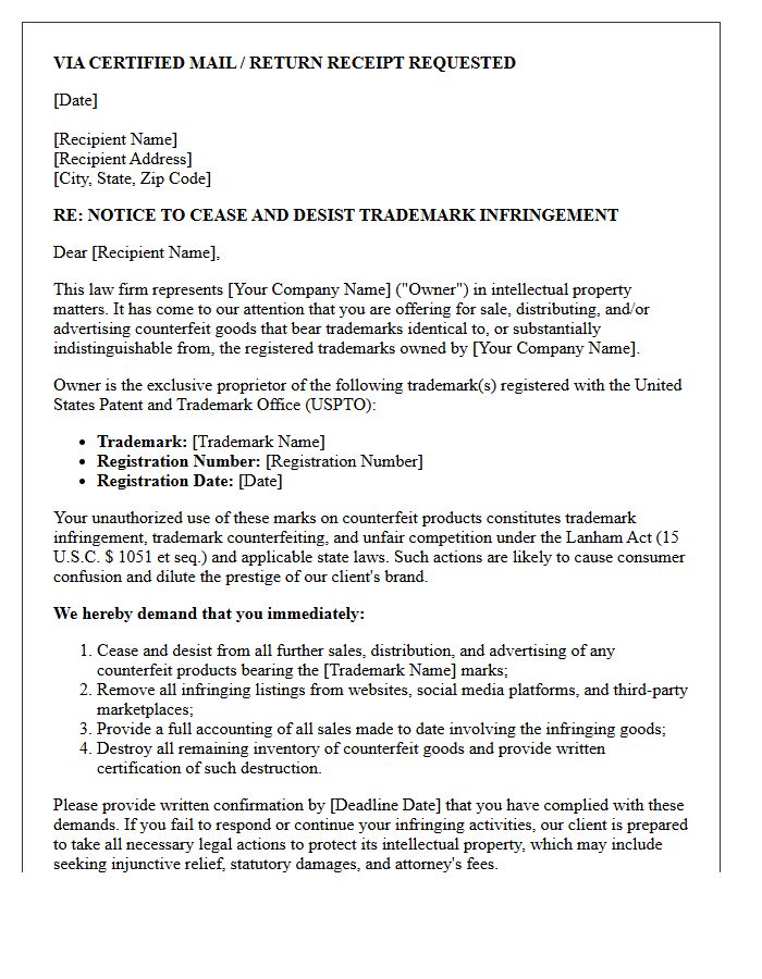 Counterfeit Trademark Infringement Cease And Desist Letter