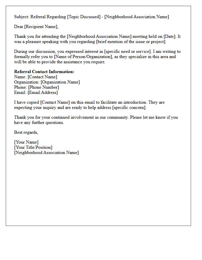 Neighborhood Association Meeting Follow Up Referral Letter