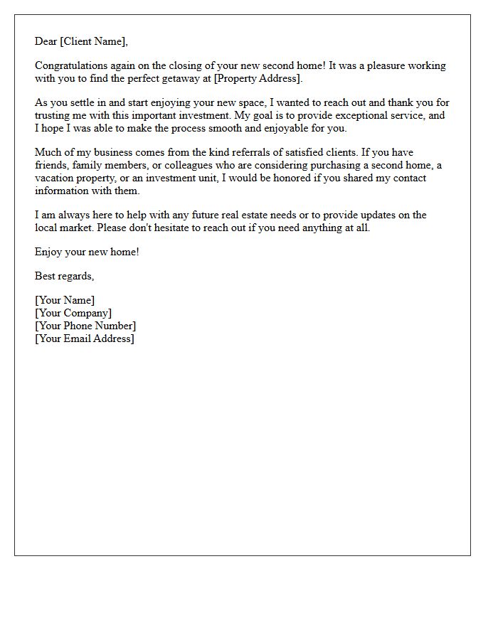 Second Home Buyer Post Closing Referral Letter