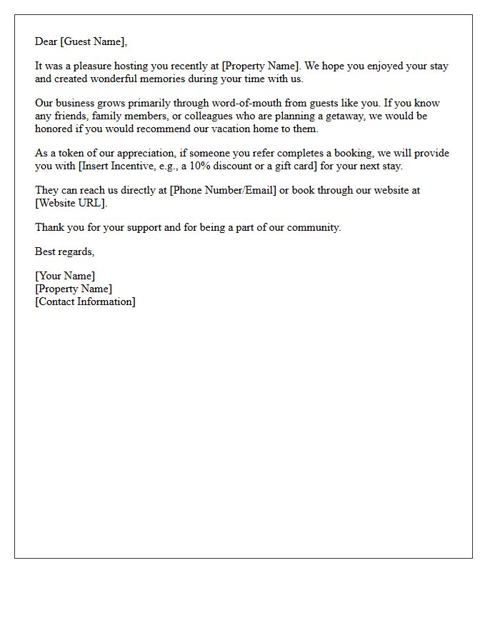 Creating Memories Vacation Home Referral Request Letter