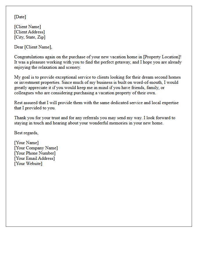 Real Estate Post Closing Vacation Home Referral Letter