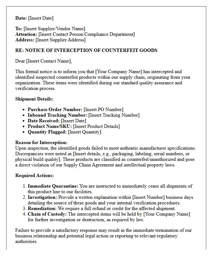 Supply Chain Counterfeit Interception Notice Letter