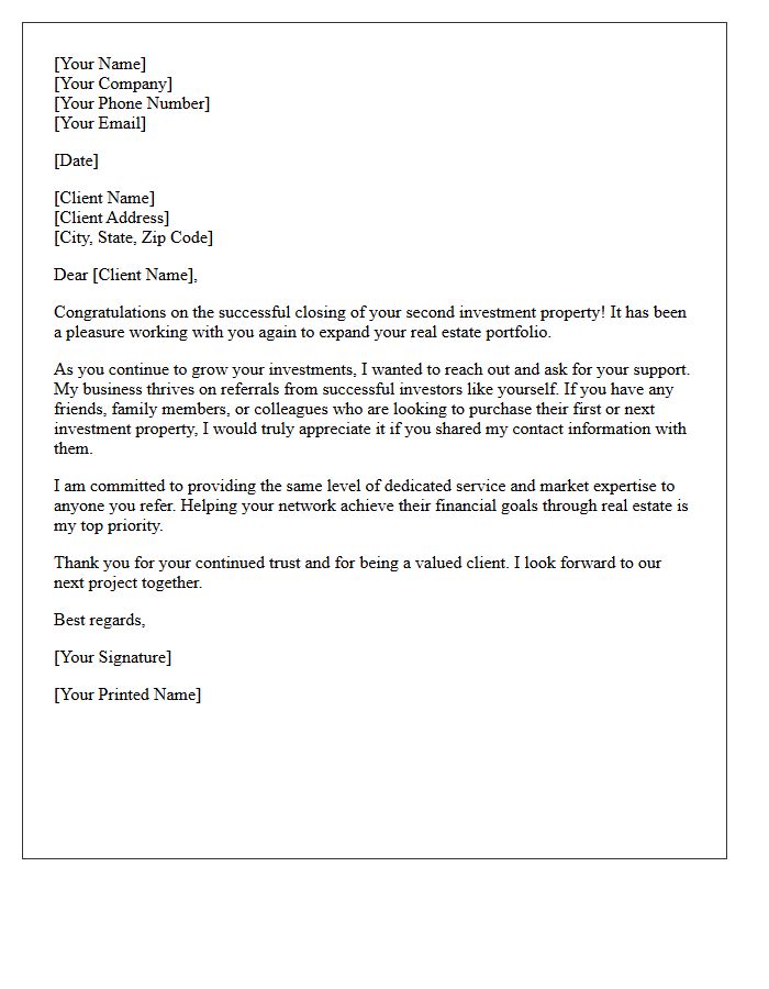 Second Property Investment Closing Referral Letter