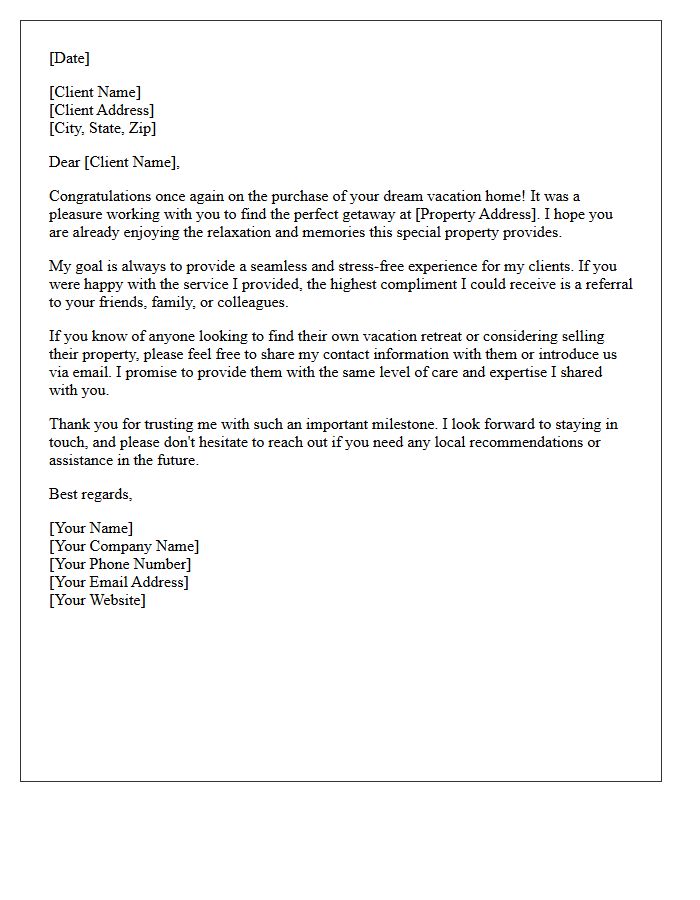 Dream Vacation Home Post Closing Referral Letter