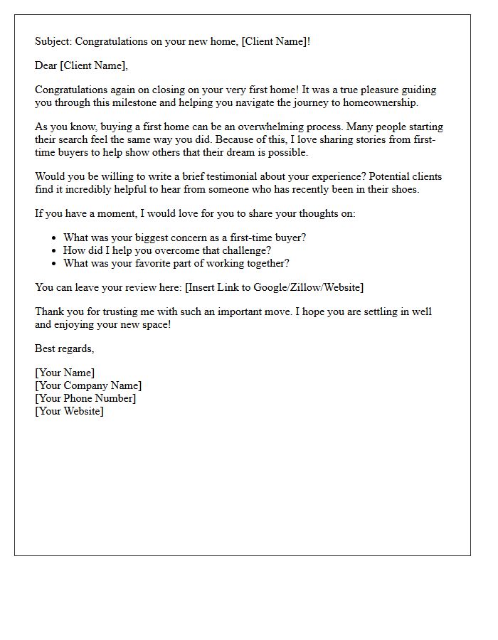 First-Time Homebuyer Testimonial Request Letter