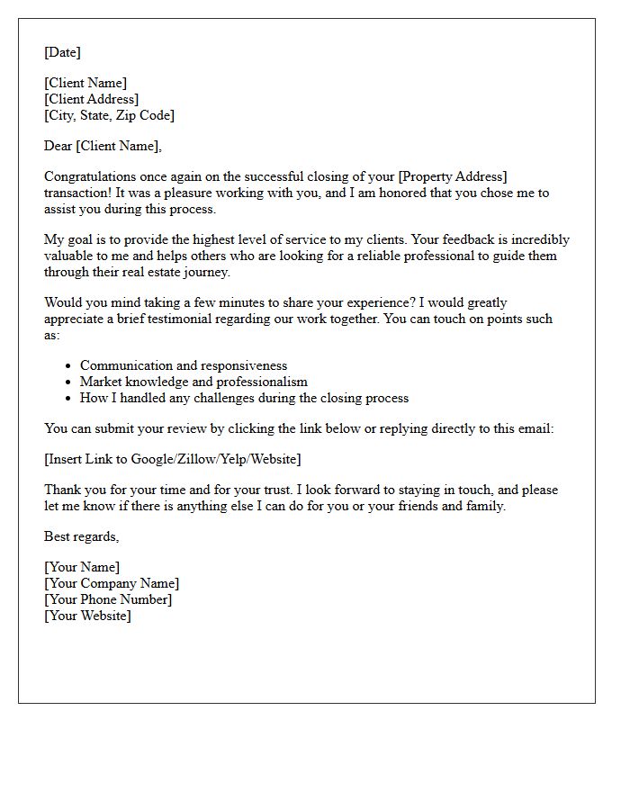 Post-Closing Client Satisfaction Testimonial Letter