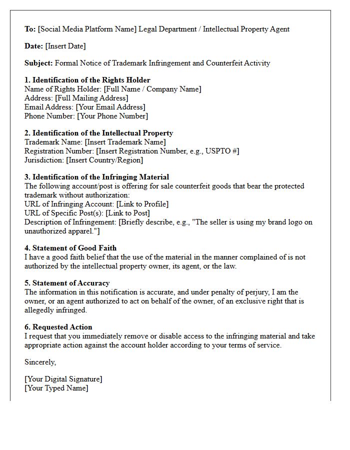 Social Media Counterfeit Seller Takedown Letter