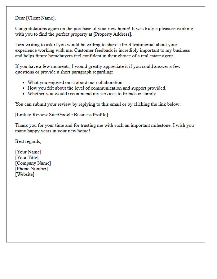 Recent Home Purchase Testimonial Request Letter