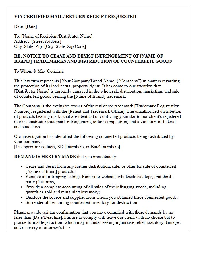 Wholesale Distributor Counterfeit Goods Cease And Desist Letter