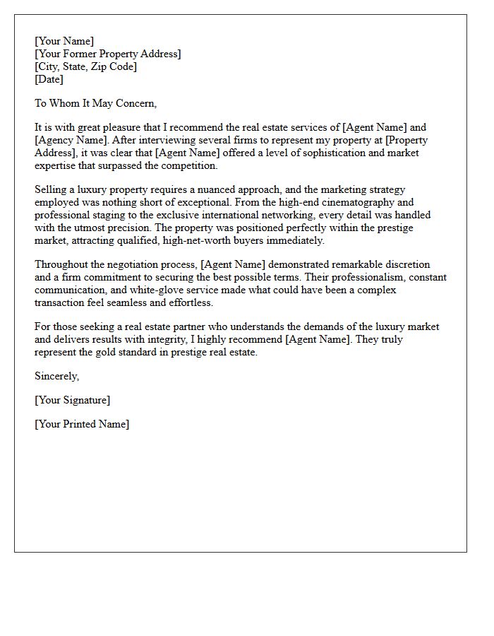 Prestige Real Estate Seller Testimonial Letter