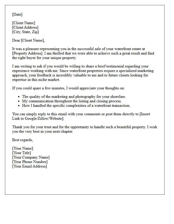 Waterfront Estate Seller Testimonial Request Letter