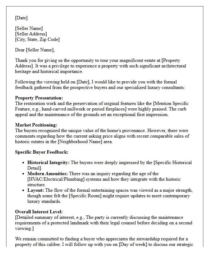 Historic Luxury Property Seller Feedback Letter
