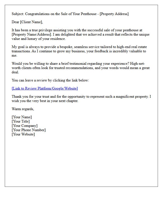 Luxury Penthouse Seller Review Request Letter