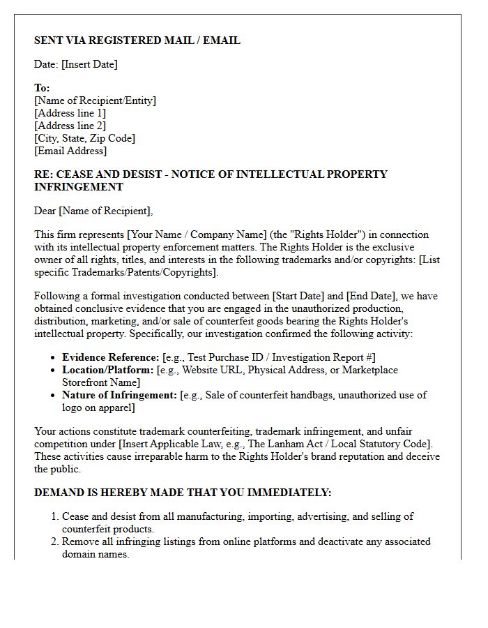 Post-Investigation Counterfeit Activity Demand Letter