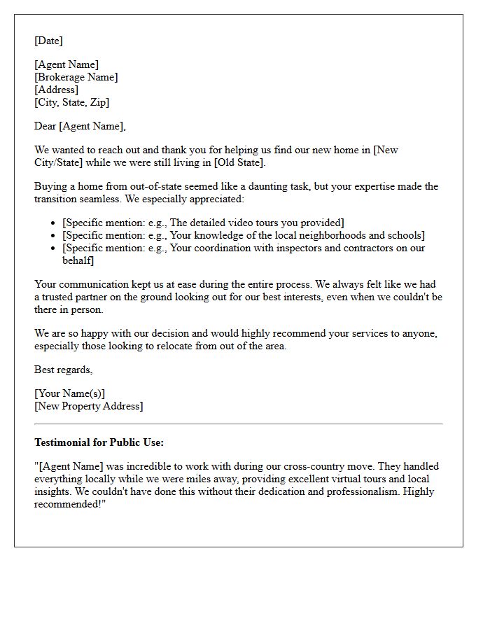 Out-of-State Homebuyer Feedback and Testimonial Letter