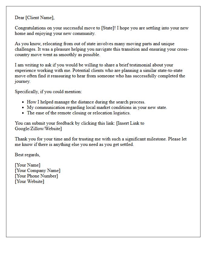 State-to-State Relocation Buyer Testimonial Request Letter