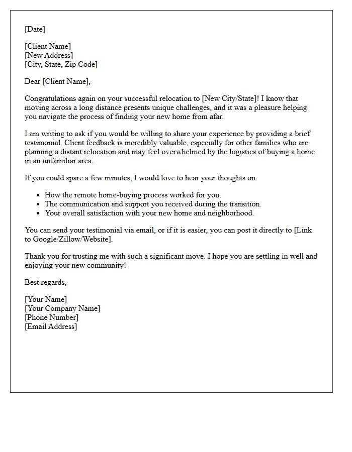 Distant Relocation Homebuyer Testimonial Invitation Letter