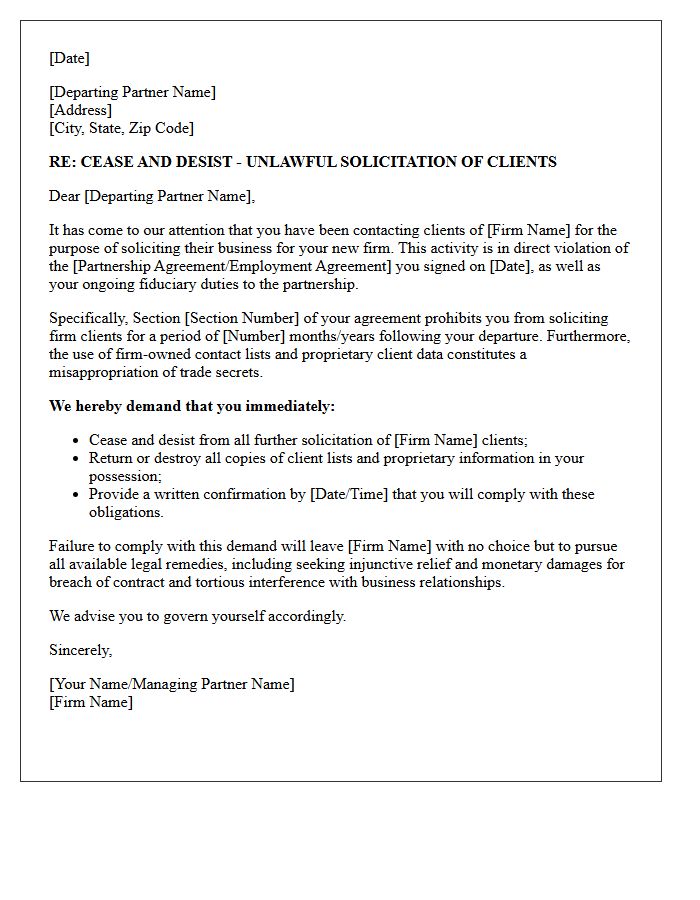 Departing Partner Client Solicitation Cease And Desist Letter