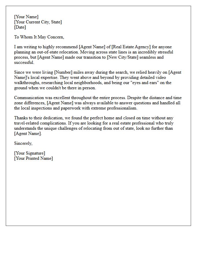 Out-of-State Relocation Real Estate Experience Testimonial Letter