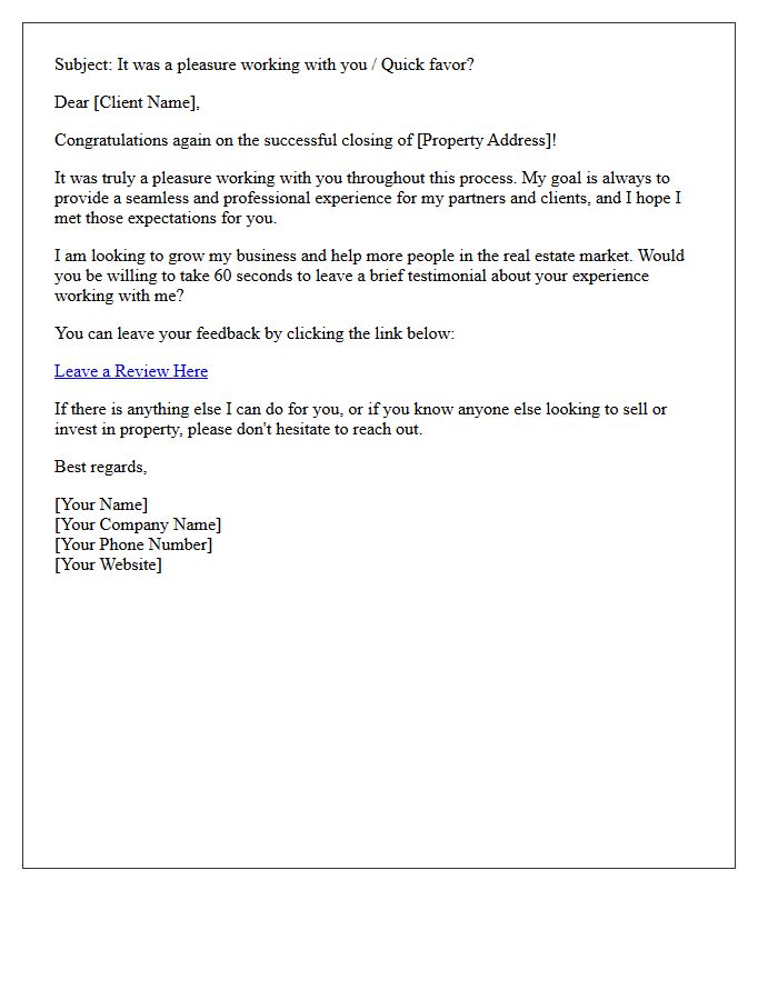 Post-Closing Testimonial Request Letter for Real Estate Investors
