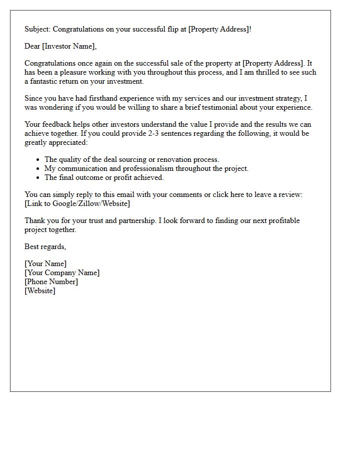 Successful Property Flip Investor Testimonial Request Letter
